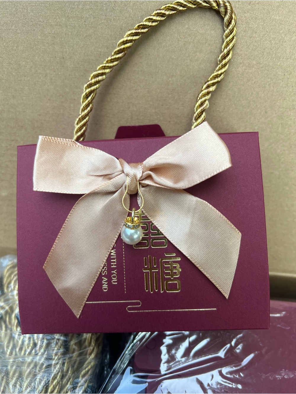 60 new Maroon Candy Bags with Blush Bow and Pearl Charm. Chinese Wedding